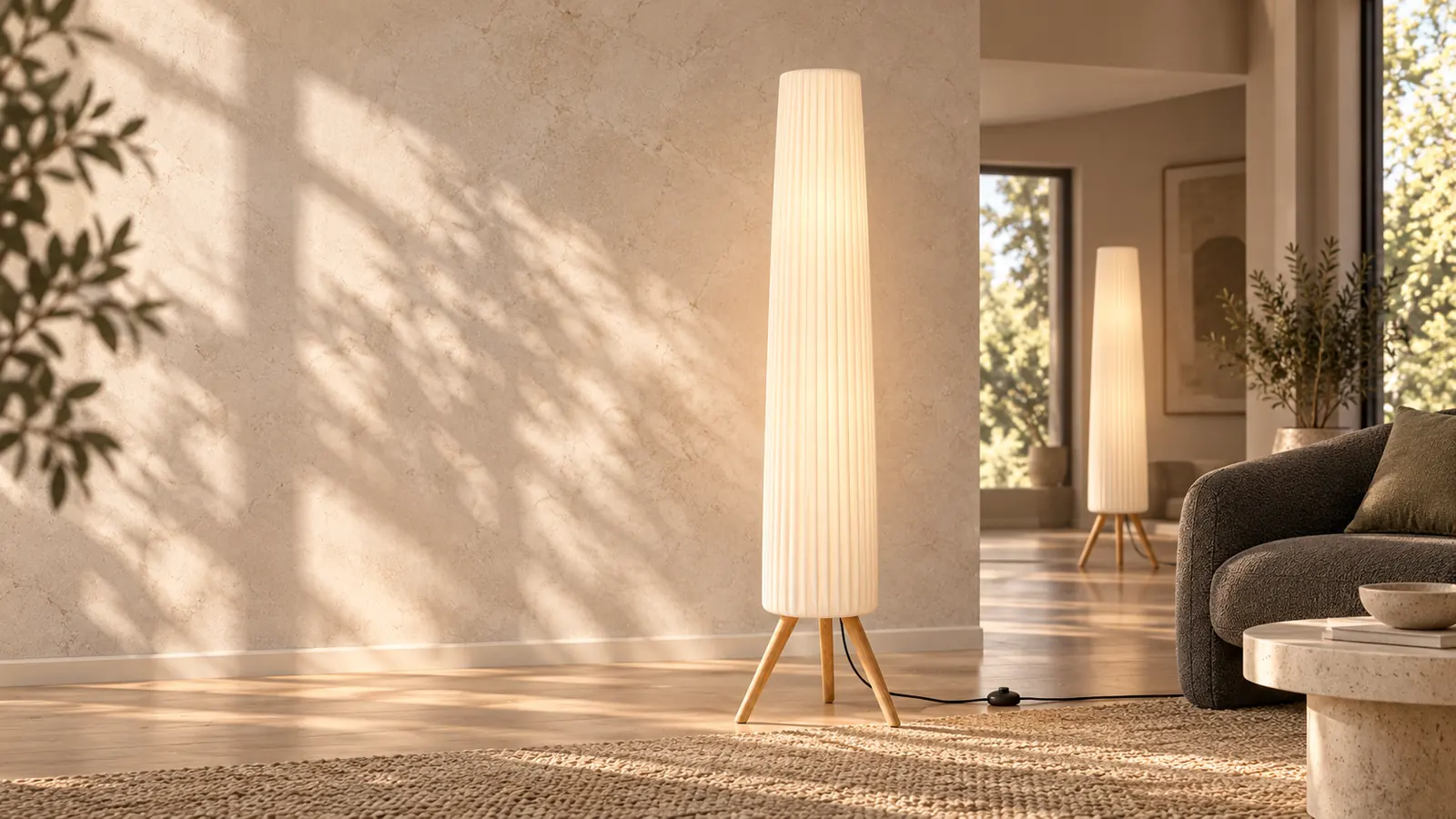 Sculptural forms lighting in a calm architectural interior