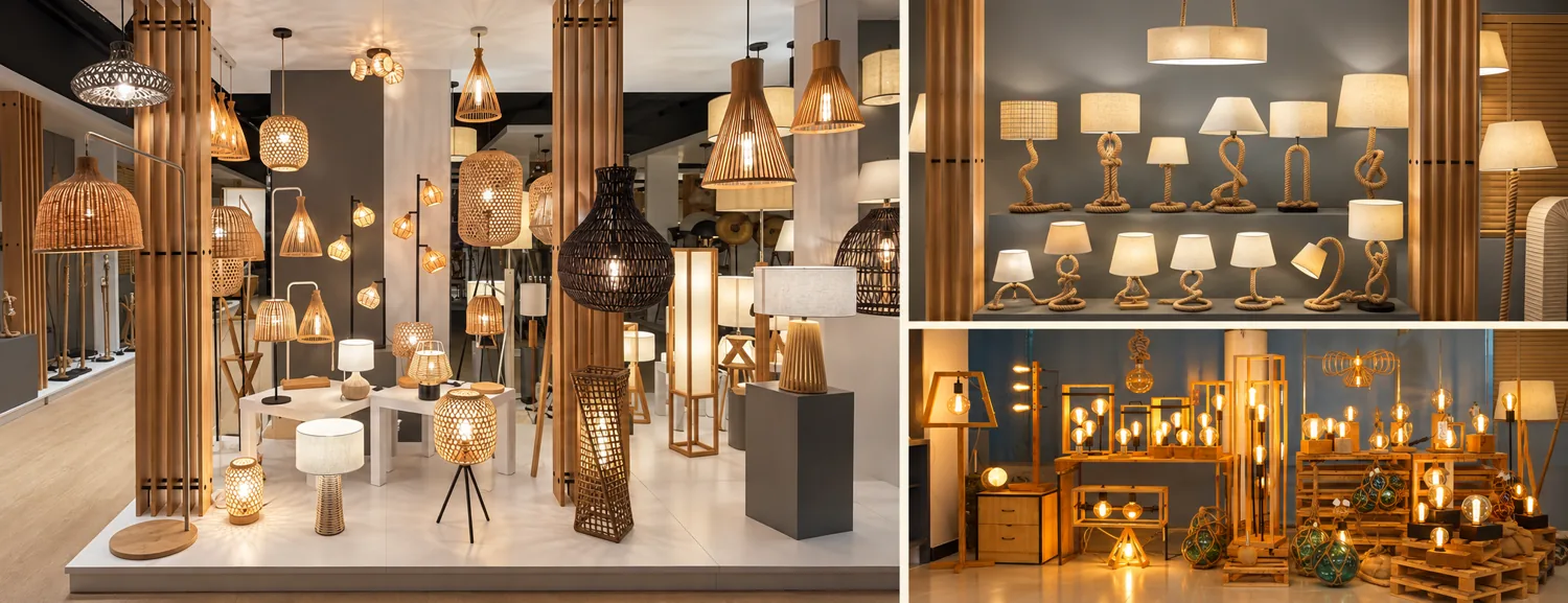Warm woven and rope lighting in the Delta showroom; AI-retouched catalogue photography